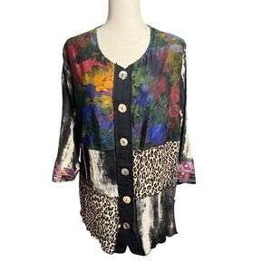 Calessa Jacket Top Abstract Floral Animal Print Artsy Boho Art to‎ Wear Sz 1X